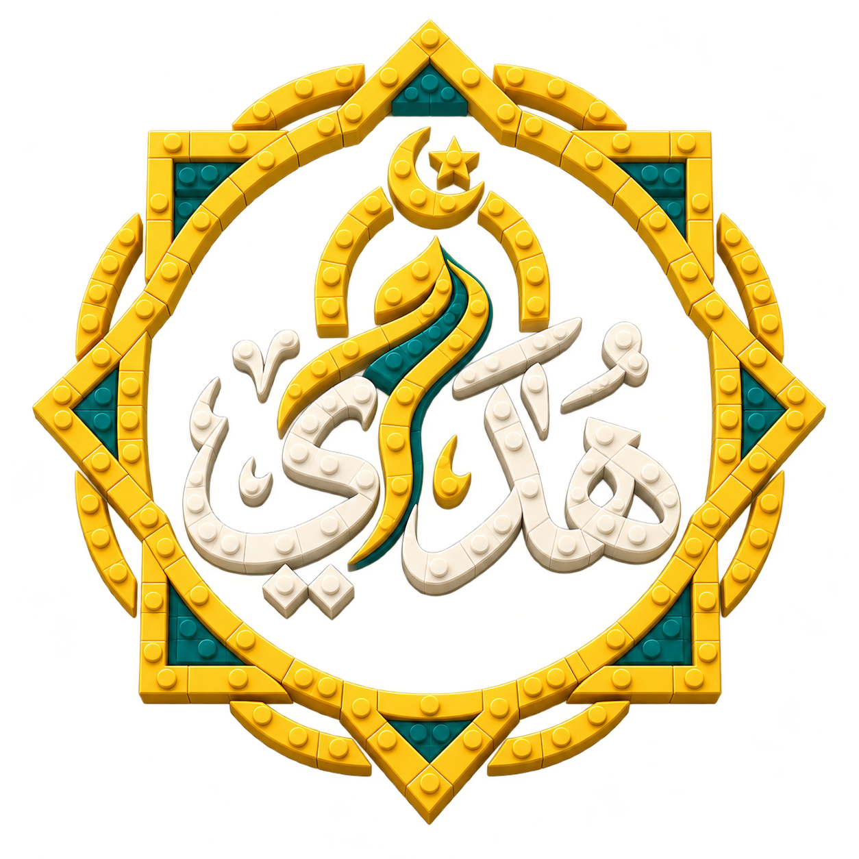 Hudai emblem rebuilt from gold, ivory and teal toy bricks